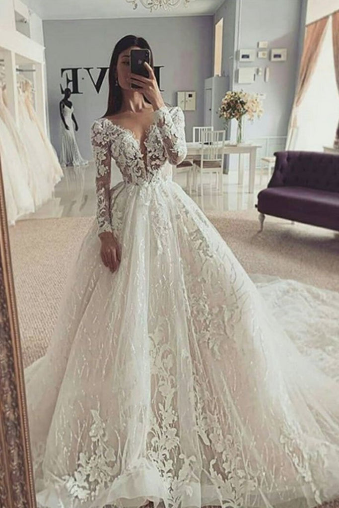 Puffy V Neck Long Sleeves Wedding Dress With Appliques, Stunning Wedding Gown with Train UQ2423 Puffy V Neck Long Sleeves Wedding Dress With Appliques, Stunning Wedding Gown with Train UQ2423