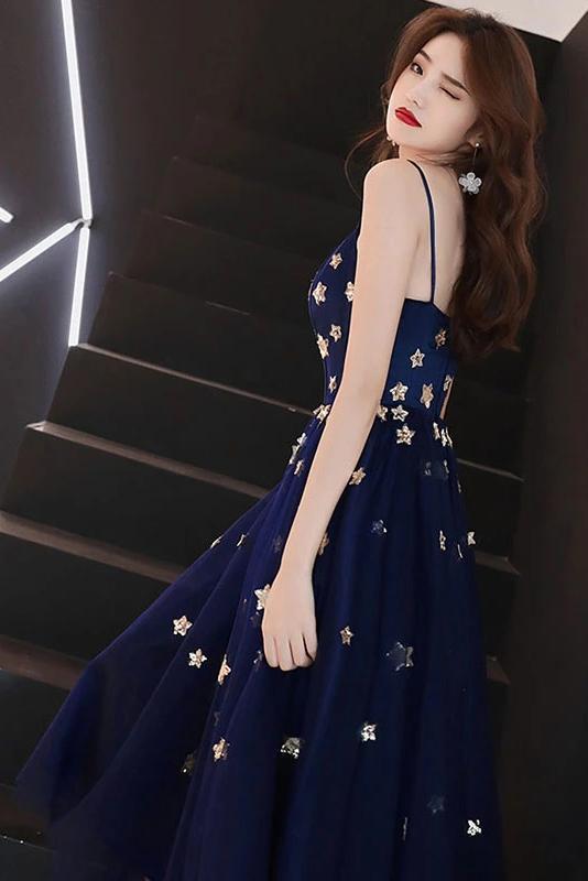 Spaghetti Straps Blue Tulle Tea Length Homecoming Dress with Stars UQ2135