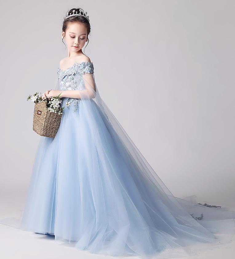 Beauty Blue Off the Shoulder Applique Flower Girl Dresses, Long Sweep Train Flower Girl Dress UF080