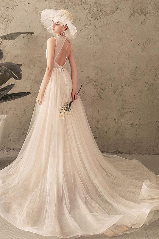 Ivory Jewel Sleeveless Tulle Wedding Dress with Lace, A Line Pleats Open Back Bridal Dress UQ2583