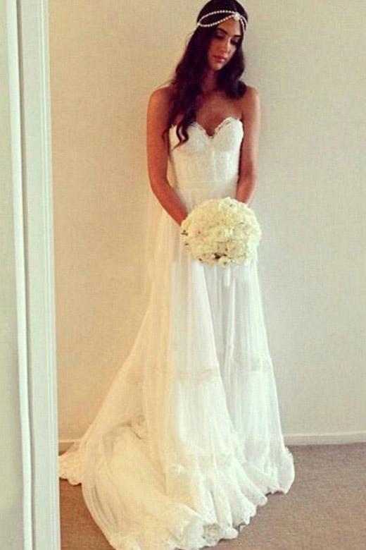 Boho Sweetheart Lace Appliques A Line Ivory Wedding Dress, Beach Wedding Dress UQ2087