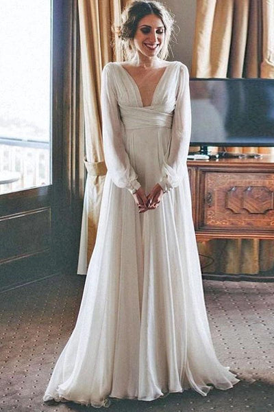 Elegant Long Sleeves Chiffon Beach Wedding Dresses with Long Sleeves, – cherishgirls