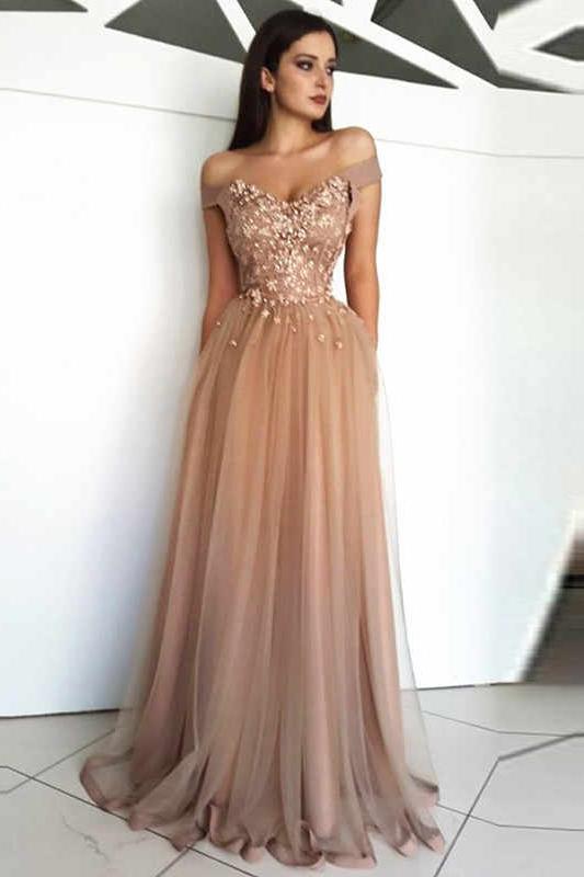 Floor Length Off Shoulder Tulle Evening Dress with Appliques, Elegant Prom Gown N2273