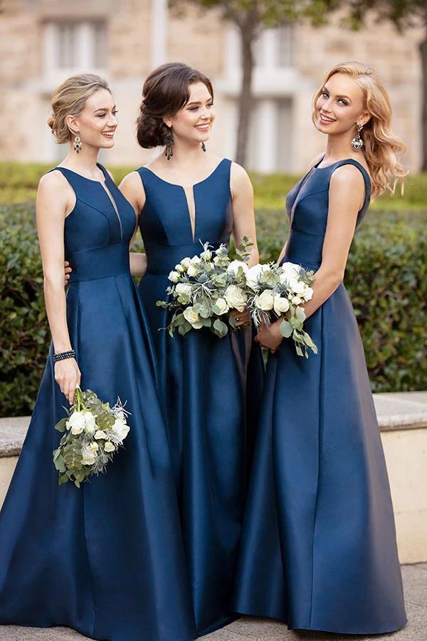 Modest A-line Satin Sleeveless Floor Length Simple Cheap Bridesmaid Dresses Prom Gowns N2512