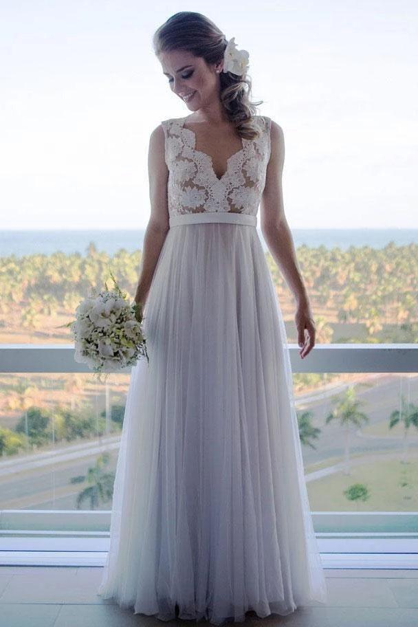 A Line Floor Length V Neck Sleeveless Tulle Beach Wedding Dress with L cherishgirls A Line Floor Length V Neck Sleeveless Tulle Beach Wedding Dress with L cherishgirls