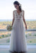 A Line Floor Length V Neck Sleeveless Tulle Beach Wedding Dress with Lace N2401