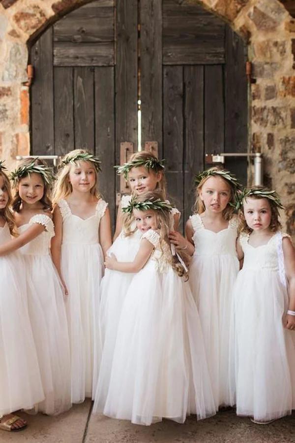 Ivory Straps Tulle Floor Length Flower Girl Dress with Lace, A Line Lace  Flower Girl Dresses UF078