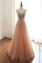 Sexy Straps Sleeveless Long Tulle Prom Dress with Beading, Floor Length Sparkly Evening Dress UQ2592