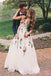 A Line V Neck Ivory Lace Prom Dresses with Flowers, Long Party Dresses with Appliques chp0001