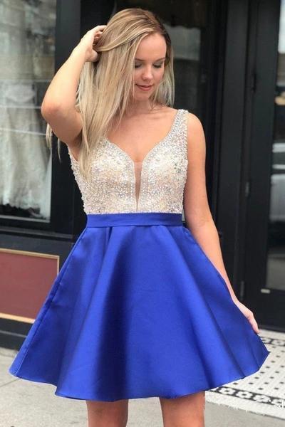 Red V Neck Sleeveless Homecoming Dress, Beading Backless Satin Short Prom Dresses UQ1952