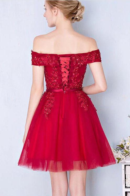 Burgundy Lace Tulle Short Prom Dress, Burgundy Off the Shoulder Lace Homecoming Dress UQ2195