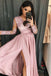 Simple V Neck Long Prom Dress with Long Sleeves, Pink Split Evening Dress with Lace N1732