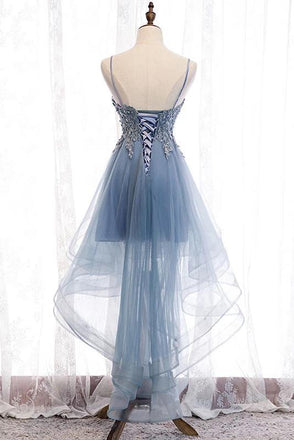 Blue High Low Spaghetti Straps Tulle Homecoming Dresses with Appliques, Party Dress UQ2143