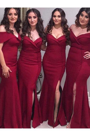 Burgundy Off Shoulder Mermaid Floor Length Bridesmaid Dresses, Split Long Bridesmaid Dress UQ2383