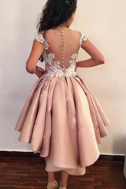 Unique Cap Sleeves High Low Sheer Neck Homecoming Dress, Cocktail Dresses with Lace UQ1811