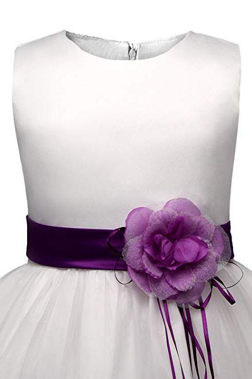 White Ball Gown Sleeveless Long Flower Girl Dress with Purple Flowers Sash UF064