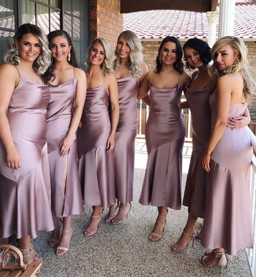 Simple Spaghetti Straps Tea-Length Mermaid Bridesmaid Dresses Prom Dress with Slit chb0016