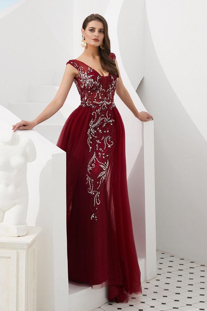 Burgundy V Neck Sleeveless Tulle Long Prom Dress with Beads Crystal UQ2282