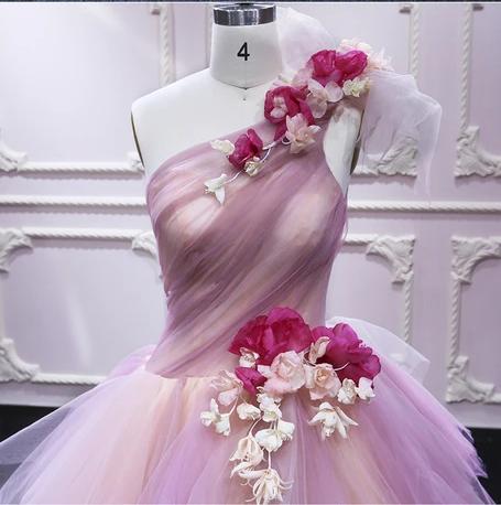 Puffy One Shoulder Sleeveless Tulle Prom Dress with Flowers, Ruffles Quinceanera Dress chp0023