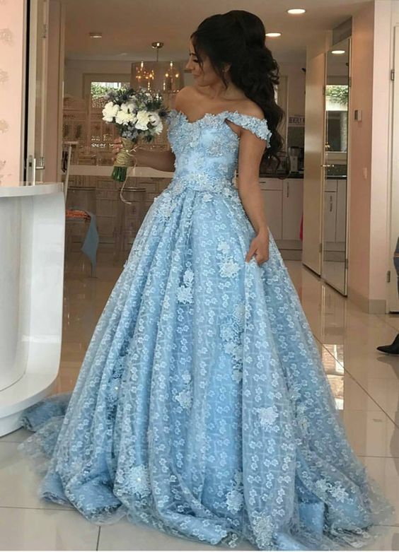 Ball Gown Light Blue Lace Appliques Prom Dresses Off the Shoulder Quinceanera Dresses,Formal Gown CHP0076