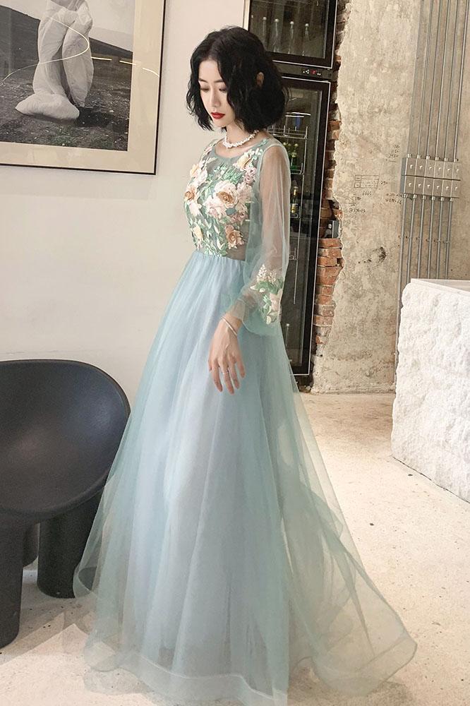 Elegant Long Sleeves Appliqued Tulle Prom Dress, Floor Length Appliques Evening Dress UQ2324