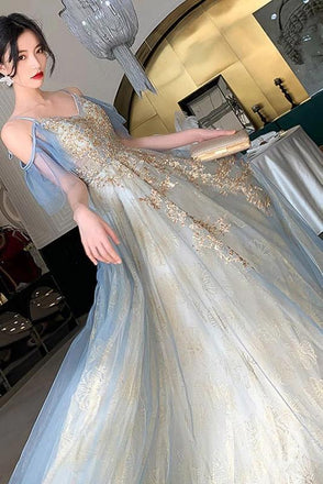 Unique V Neck Long Tulle Party Dress with Lace, Sexy Sleeveless Long Prom Gown UQ2103