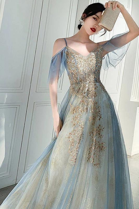 Unique V Neck Long Tulle Party Dress with Lace, Sexy Sleeveless Long Prom Gown UQ2103