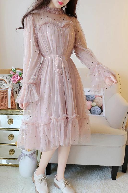 Sparkly Star Long Sleeves Tulle Homecoming Dresses, Charming Short Prom Dress UQ2003