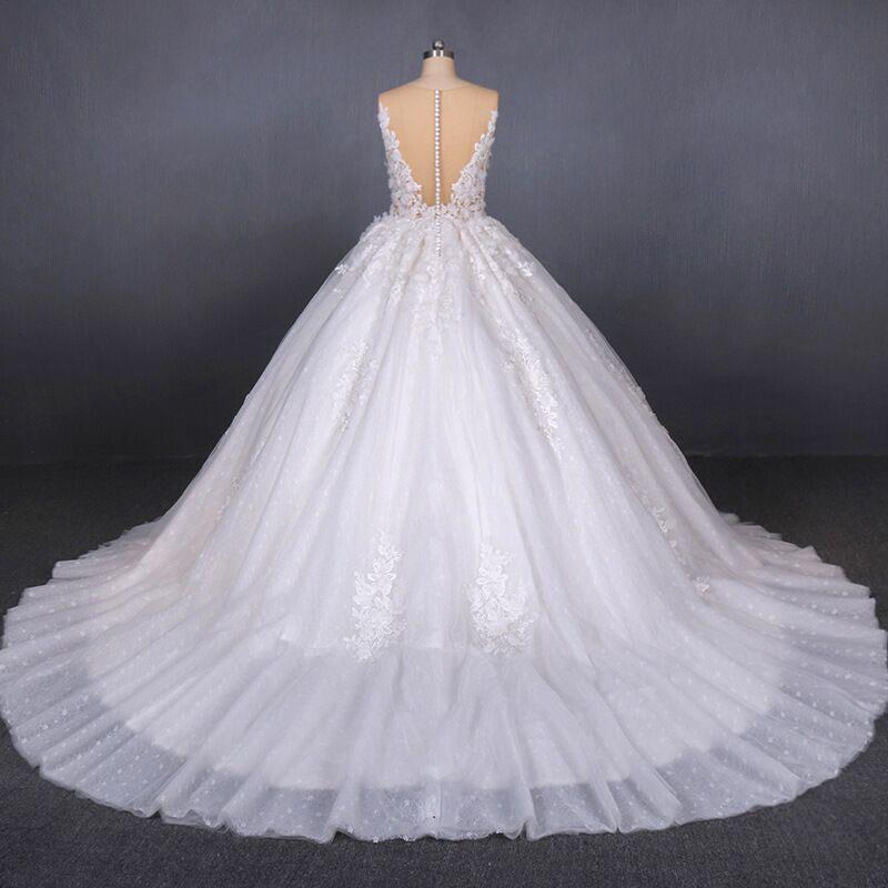 Ball Gown Sheer Neck Sleeveless White Wedding Dresses, Lace Appliqued Bridal Dress UQ2297