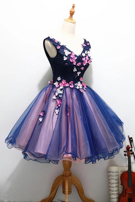 Cute V Neck Unique Flowers Cheap Homecoming Dresses with Beading, Sweet 16 Dress UQ2156