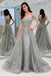 A-Line Appliques Off-the-Shoulder Gray Evening Dress With Sashes, Long Tulle Prom Dress N1833