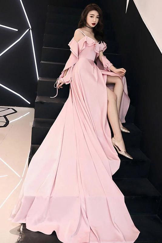 Spaghetti Straps Simple Pink Chiffon Long Prom Dress A Line Evening Dress with Ruffle UQ2094