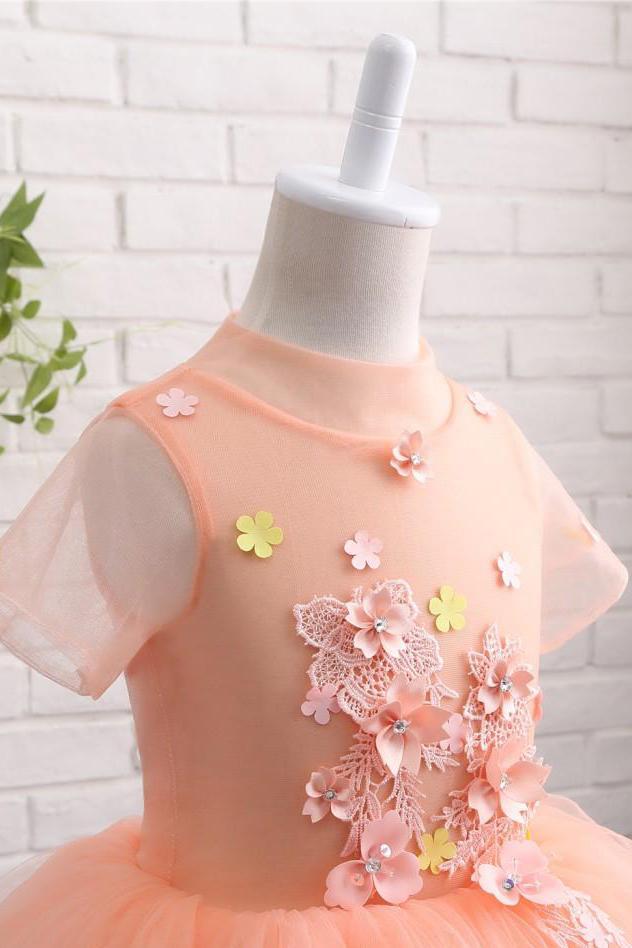 Cute Peach Short Flower Girl Dresses For Weddings High Neck Short Sleeves Dress UF062