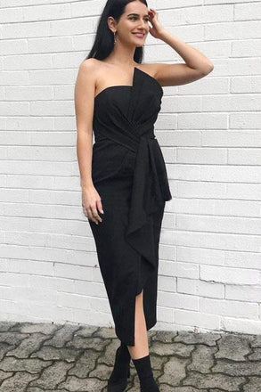 Black Strapless Sheath Tea Length Bridesmaid Dress, Unique Bridesmaid Dresses UQ2463