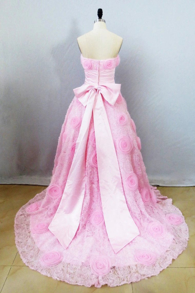 Strapless A Line Prom Dress with Flowers, Unique Pink Sweep Train Party Dresses UQ2615