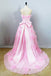 Strapless A Line Prom Dress with Flowers, Unique Pink Sweep Train Party Dresses UQ2615