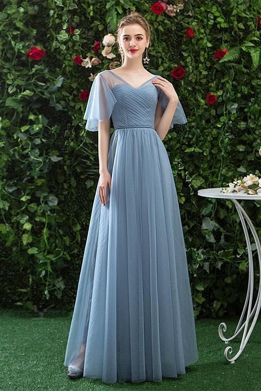 Cheap V Neck Tulle Long Prom Dress with Short Sleeves, A Line Bridesmaid Dresses N2321