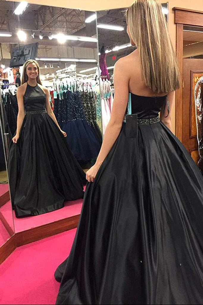 Black Halter Satin Prom Dress with Beading, Long Evening Dress with Pockets UQ2070 Black Halter Satin Prom Dress with Beading, Long Evening Dress with Pockets UQ2070