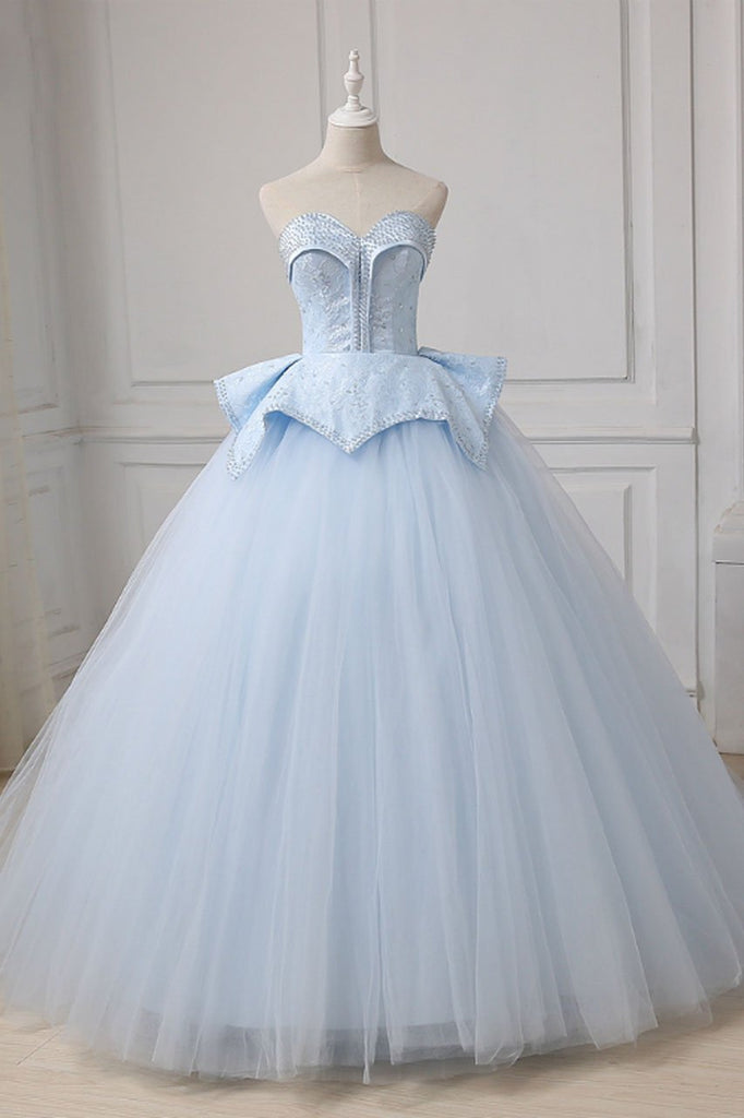 Light Blue Sweetheart Ball Gown Beading Tulle Prom Dress, Sweep Train cherishgirls Light Blue Sweetheart Ball Gown Beading Tulle Prom Dress, Sweep Train cherishgirls