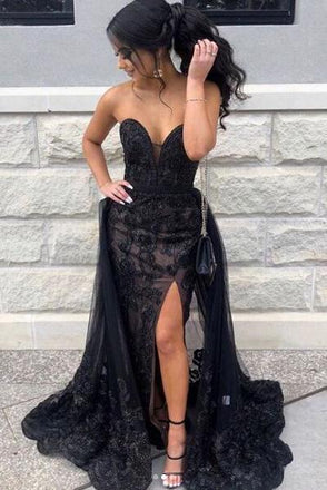 Black Sweetheart Tulle Prom Dress with Lace Appliques, Long Strapless Split Formal Dress UQ1895