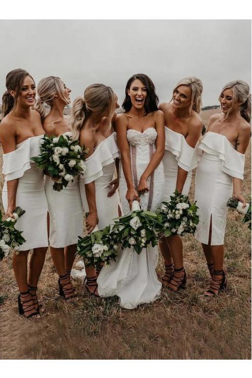 Sheath Knee Length Off the Shoulder Mermaid Bridesmaid Dress with Ruff cherishgirls Sheath Knee Length Off the Shoulder Mermaid Bridesmaid Dress with Ruff cherishgirls