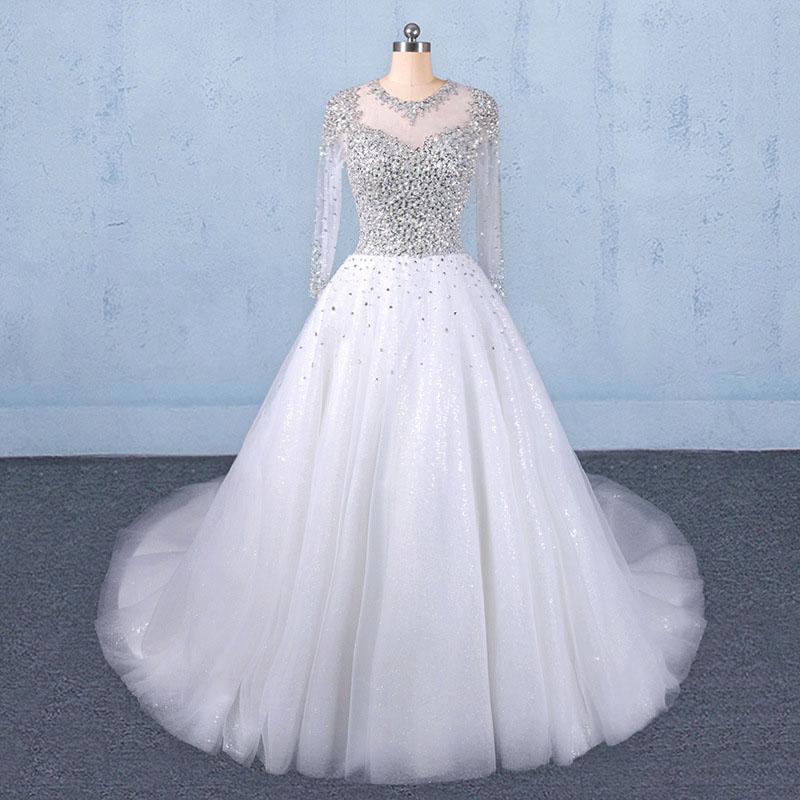 Puffy Long Sleeves Tulle White Wedding Dress, Shiny Long Bridal Dresses UQ2345