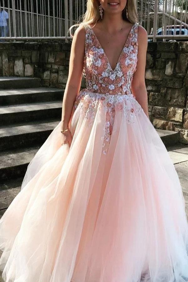 Light Pink V Neck Sleeveless Tulle Prom Dress with Flowers and Beads UQ2389 Light Pink V Neck Sleeveless Tulle Prom Dress with Flowers and Beads UQ2389