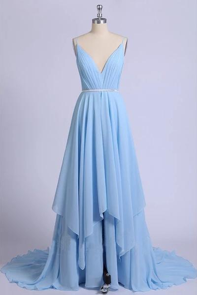 Sky Blue V Neck Prom Dresses, Sexy Backless Spaghetti Straps Pleated Long Formal Dress UQ2005