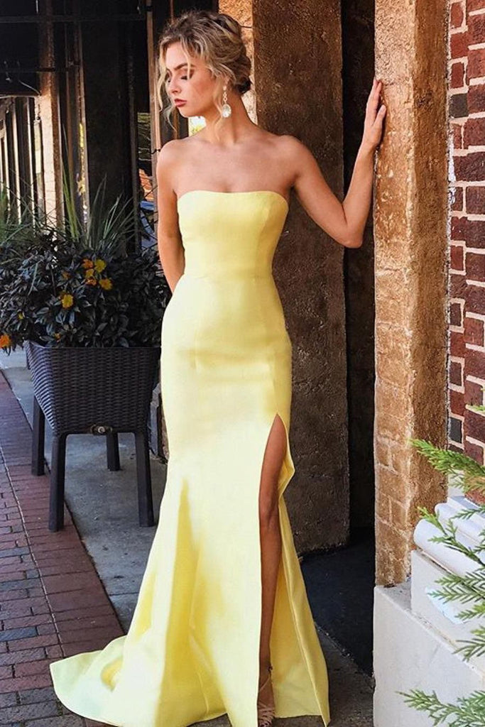 Daffodil Strapless Split Long Party Dress, Sexy Simple Mermaid Prom Gown N2544