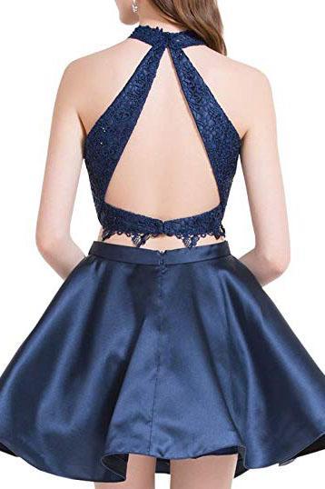 Two Piece Navy Blue High Neck Homecoming Dress with Lace, A Line Satin Graduation Dress UQ1853