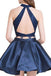 Two Piece Navy Blue High Neck Homecoming Dress with Lace, A Line Satin Graduation Dress UQ1853