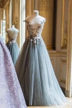 Beautiful Sheer Neck Long Tulle Prom Dress with Flowers, A Line Cap Sleeves Party Dresses UQ2453