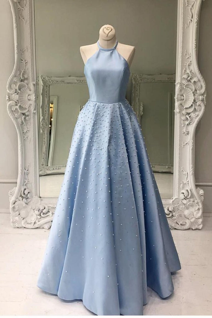 Light Blue Jewel Open Back Long Prom Dress with Pearls, A Line Sleevel cherishgirls Light Blue Jewel Open Back Long Prom Dress with Pearls, A Line Sleevel cherishgirls