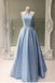 Light Blue Jewel Open Back Long Prom Dress with Pearls, A Line Sleeveless Formal Dress UQ2576